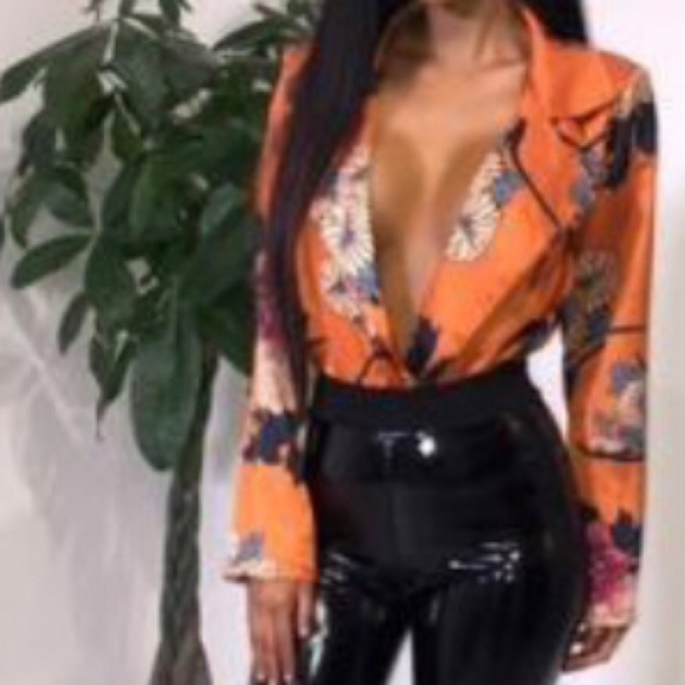 Orange Floral Plunge Neckline Bodysuit